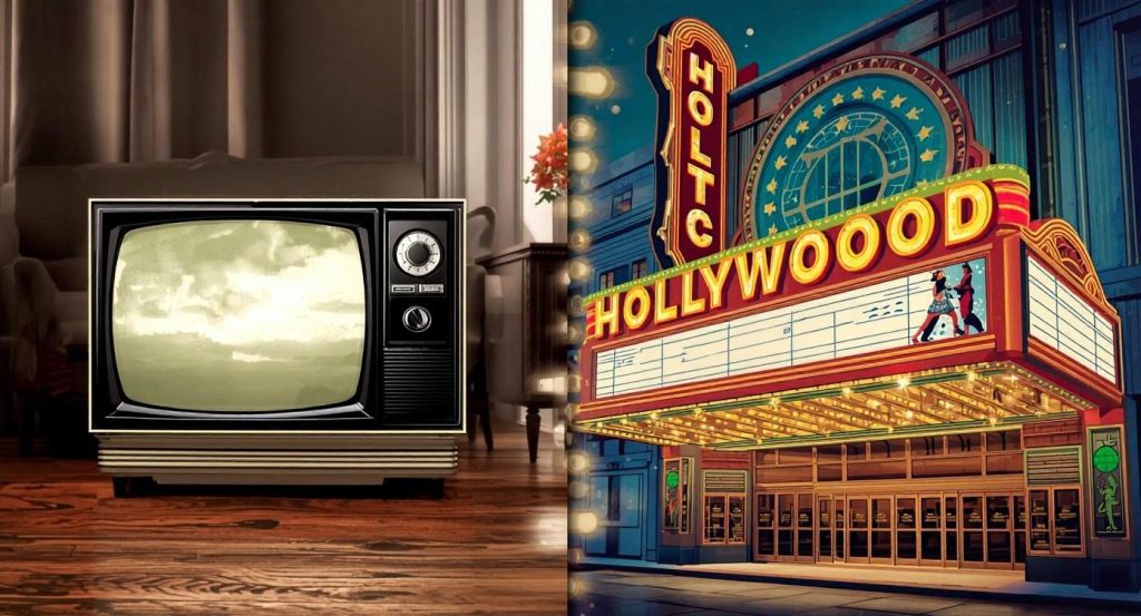 A split-screen graphic contrasting home and theatrical entertainment. On the left, a vintage television set glows in a dimly lit, cozy living room. On the right, a vibrant, retro movie theater marquee brilliantly illuminated with neon lights displays the word "HOLLYWOOD"