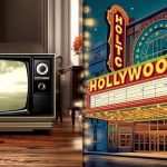 A split-screen graphic contrasting home and theatrical entertainment. On the left, a vintage television set glows in a dimly lit, cozy living room. On the right, a vibrant, retro movie theater marquee brilliantly illuminated with neon lights displays the word "HOLLYWOOD"