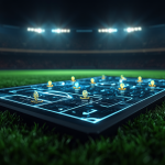 Cinematic close-up of a high-tech, glowing tactical board resting on a lush green football pitch under bright stadium floodlights, displaying illuminated player icons arranged in a strategic formation.