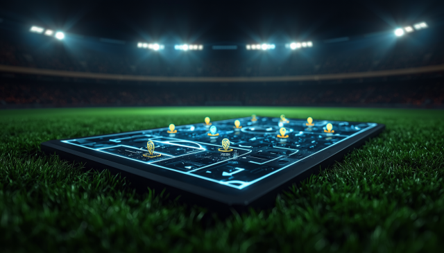 Cinematic close-up of a high-tech, glowing tactical board resting on a lush green football pitch under bright stadium floodlights, displaying illuminated player icons arranged in a strategic formation.