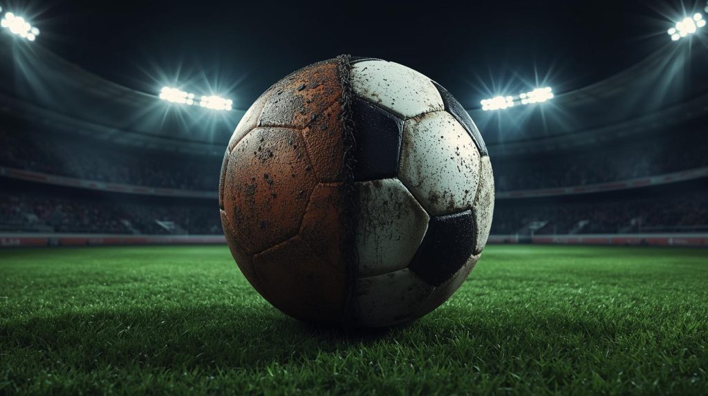 A hybrid football sitting on a stadium pitch under bright floodlights, half vintage brown leather and half modern black-and-white, representing the historic evolution and rule changes of the World Cup.