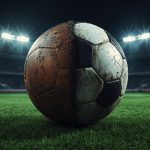 A hybrid football sitting on a stadium pitch under bright floodlights, half vintage brown leather and half modern black-and-white, representing the historic evolution and rule changes of the World Cup.