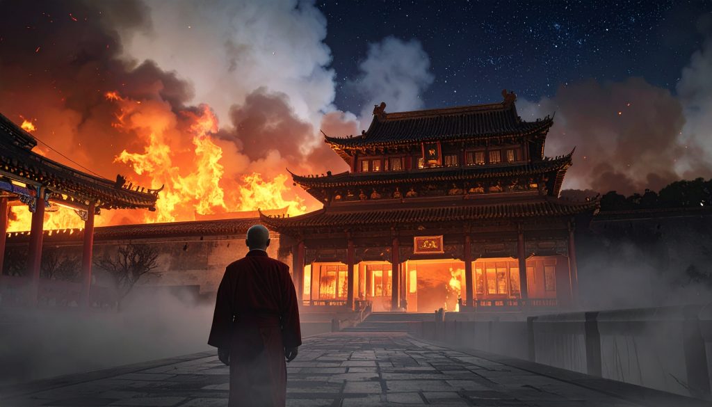 A cinematic illustration of Emperor Jianwen disguised as a Buddhist monk, walking away from the burning Ming Dynasty imperial palace in Nanjing at night.