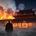 A cinematic illustration of Emperor Jianwen disguised as a Buddhist monk, walking away from the burning Ming Dynasty imperial palace in Nanjing at night.
