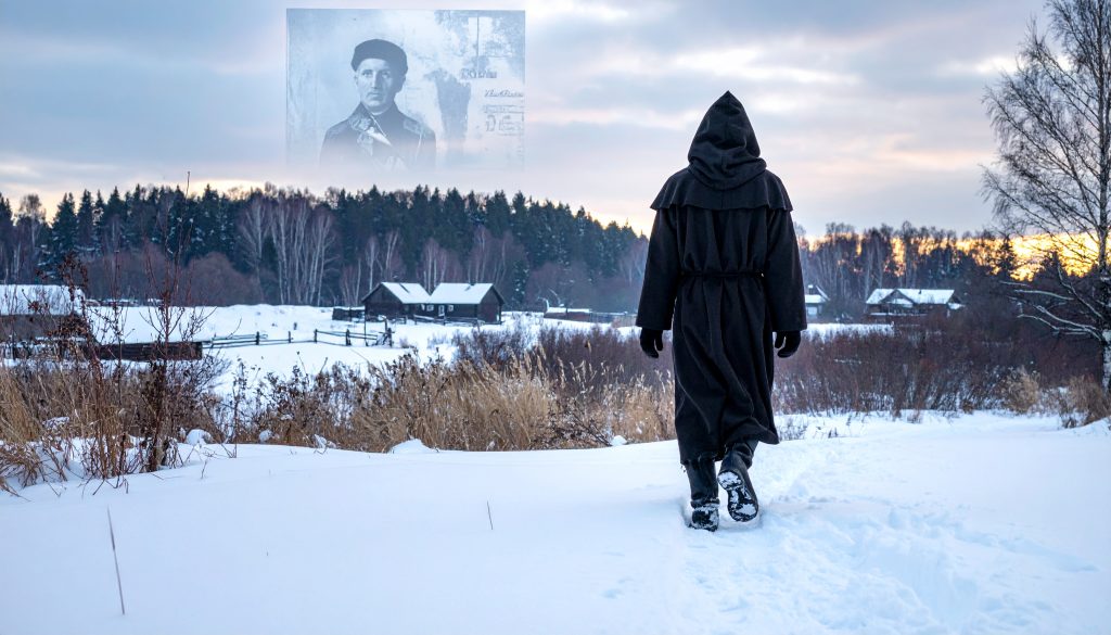 historical scene showing a mysterious lone monk Tsar Alexander I