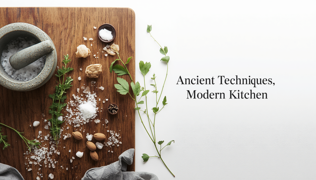 A minimalist flat-lay split between a wooden cutting board on the left and a clean white background on the right. The wooden board features a stone mortar and pestle, scattered coarse rock salt, fresh green herbs, whole almonds, and garlic cloves laid out for cooking. On the right side, elegant black text reads 'Ancient Techniques, Modern Kitchen'