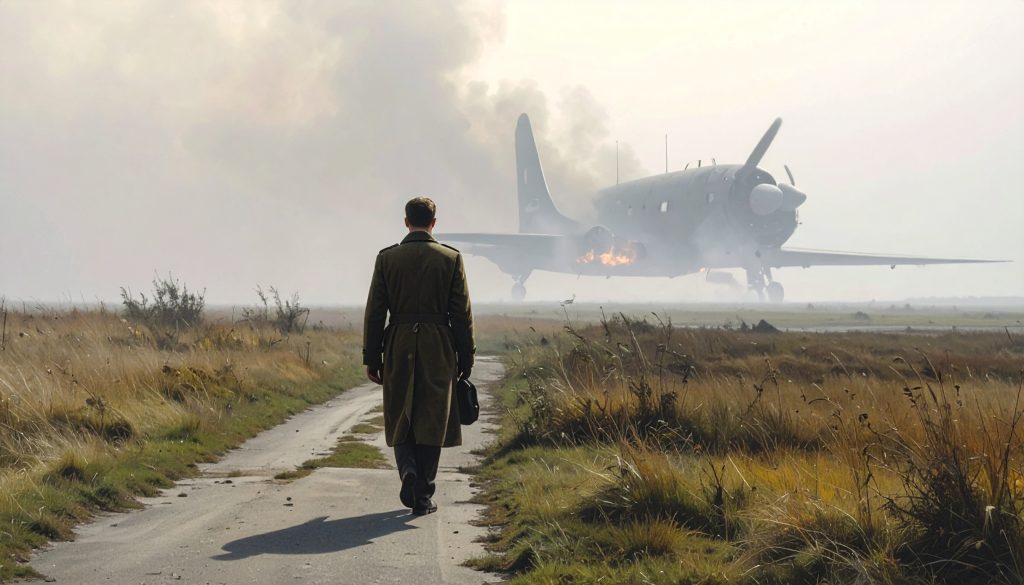 The smoldering silhouette of a World War II military bomber crashed on a foggy runway in the distant background. In the foreground, a mysterious man wearing a 1940s military overcoat and round wire-rimmed glasses walking away into the thick, dark mist, his back to the viewer.