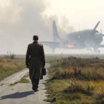 The smoldering silhouette of a World War II military bomber crashed on a foggy runway in the distant background. In the foreground, a mysterious man wearing a 1940s military overcoat and round wire-rimmed glasses walking away into the thick, dark mist, his back to the viewer.