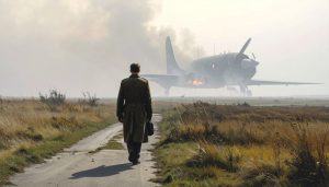 The smoldering silhouette of a World War II military bomber crashed on a foggy runway in the distant background. In the foreground, a mysterious man wearing a 1940s military overcoat and round wire-rimmed glasses walking away into the thick, dark mist, his back to the viewer.
