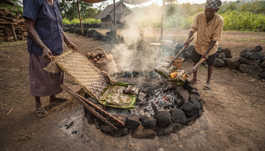 Two people outdoors cooking food in a smoky, stone-lined fire pit. One person uses long wooden tools to arrange square, leaf-wrapped food items directly over hot coals, while the other person holds a woven mat near the edge of the pit.