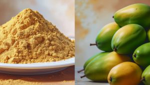 A side-by-side image illustrating the origin of amchoor. The left side features a large mound of finely ground, yellow-brown mango powder on a white plate, representing one of the most tart culinary spices. The right side displays a stack of fresh, smooth, unripe green and yellow mangoes used to create the powder.