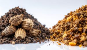 A close-up, split-view image of raw culinary spices. The left side features several pale, ribbed dried pods resting on a mound of dark, coarsely ground material. The right side displays a pile of chunky, irregular golden-brown and amber resinous pieces.