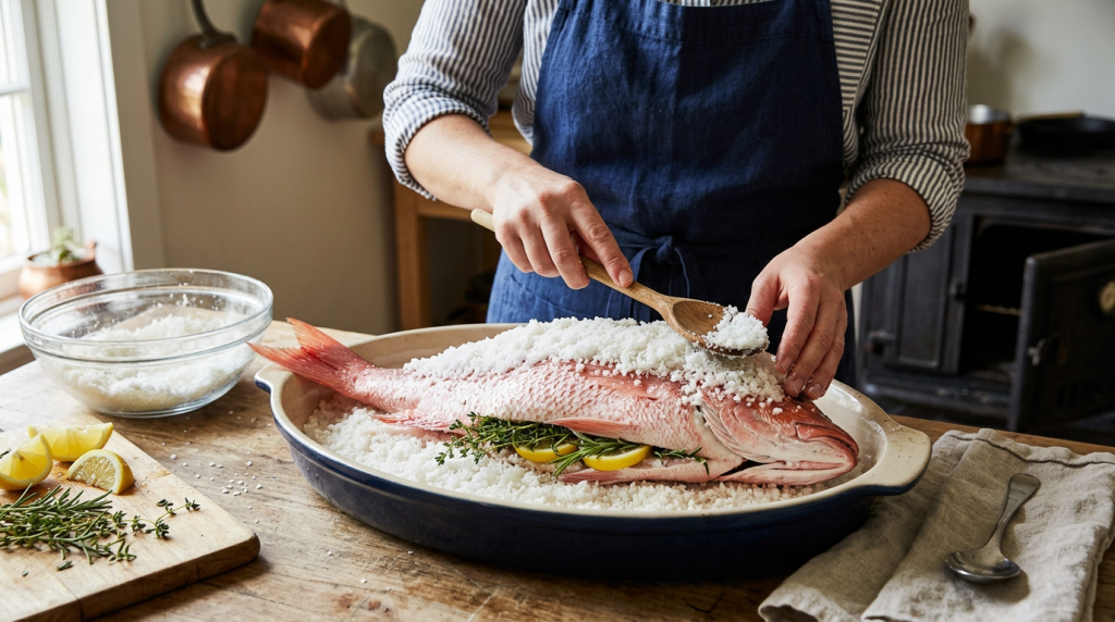 A person wearing a blue apron preparing a whole red fish for cooking by using a wooden spoon to pack a thick layer of coarse white salt over it. The fish rests in a blue and white oval baking dish and is stuffed with lemon slices and fresh green herbs, with more ingredients resting on the wooden table nearby.