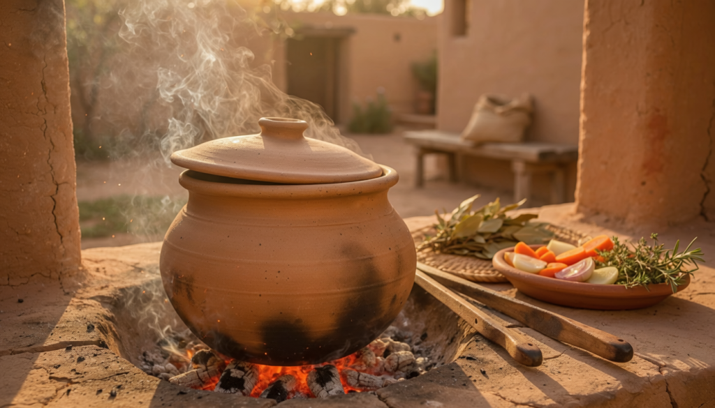 A large unglazed clay pot with a slightly ajar lid resting on hot, glowing coals in an outdoor earthen hearth, with smoke rising around it. Next to the pot, a shallow terracotta dish holds chopped carrots, onions, and fresh herbs prepared for cooking.