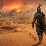 A wide-angle, hyper-realistic banner image set in a vast 16th-century Moroccan desert landscape at sunset. A lone, anonymous knight with his back to the viewer stands in the foreground, wearing damaged, ornate plate armor with a tattered cloak, a sword at his hip, and a shield bearing the Portuguese coat of arms. He is walking away from the background, which shows the smoking ruins and burning debris of a distant, destroyed battlefield, disappearing into the hazy desert heat. Long shadows are cast across the sand dunes, and dust is blowing in the wind.