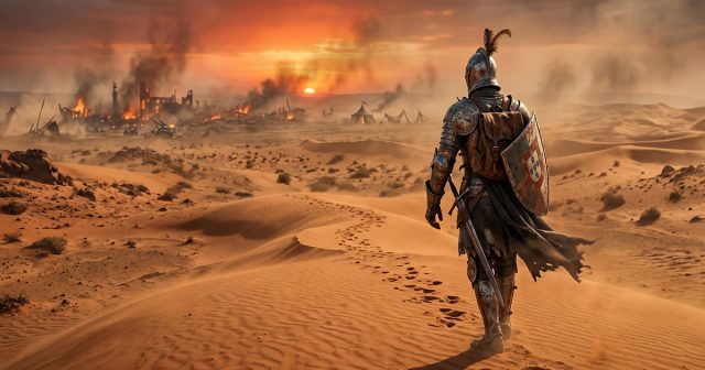 A wide-angle, hyper-realistic banner image set in a vast 16th-century Moroccan desert landscape at sunset. A lone, anonymous knight with his back to the viewer stands in the foreground, wearing damaged, ornate plate armor with a tattered cloak, a sword at his hip, and a shield bearing the Portuguese coat of arms. He is walking away from the background, which shows the smoking ruins and burning debris of a distant, destroyed battlefield, disappearing into the hazy desert heat. Long shadows are cast across the sand dunes, and dust is blowing in the wind.