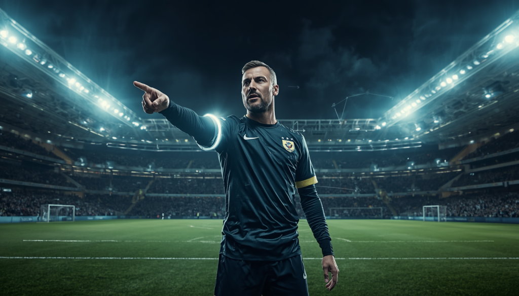 A cinematic shot of a male football player on a floodlit stadium pitch at night. He is wearing a dark kit and a glowing armband, pointing his finger authoritatively as faint tactical lines float around him, perfectly illustrating how legendary captains manage the game directly from the field.