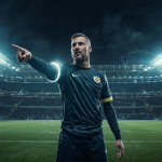 A cinematic shot of a male football player on a floodlit stadium pitch at night. He is wearing a dark kit and a glowing armband, pointing his finger authoritatively as faint tactical lines float around him, perfectly illustrating how legendary captains manage the game directly from the field.