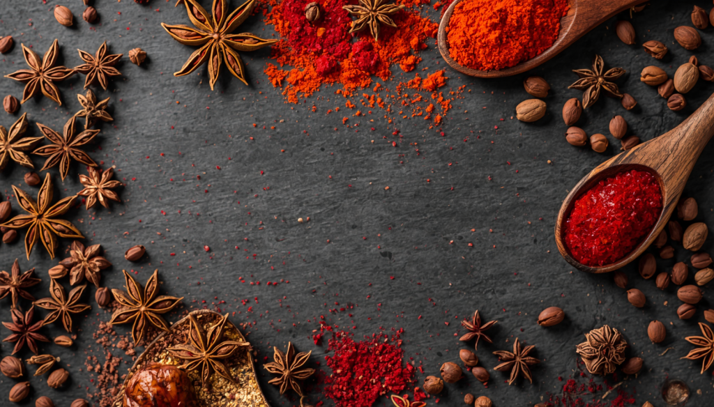A dark, textured slate surface framed by a vibrant assortment of culinary spices, featuring scattered whole star anise pods, small brown seeds, and two rustic wooden spoons filled with bright red ground powder, leaving an empty space in the center for text.