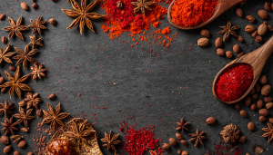 A dark, textured slate surface framed by a vibrant assortment of culinary spices, featuring scattered whole star anise pods, small brown seeds, and two rustic wooden spoons filled with bright red ground powder, leaving an empty space in the center for text.