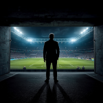 a cinematic wide-angle photo of a football manager's silhouette standing in a dark stadium tunnel. Looking out through the tunnel exit, a massive brightly lit football stadium filled with cheering fans under glowing floodlights and a championship trophy on the pitch are visible. Moody atmospheric lighting, high contrast.