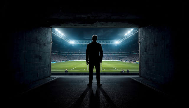 a cinematic wide-angle photo of a football manager's silhouette standing in a dark stadium tunnel. Looking out through the tunnel exit, a massive brightly lit football stadium filled with cheering fans under glowing floodlights and a championship trophy on the pitch are visible. Moody atmospheric lighting, high contrast.
