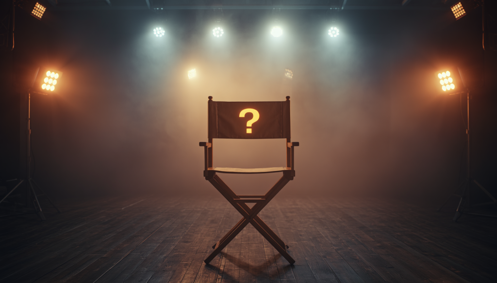 A cinematic director's chair shrouded in dramatic lighting, symbolizing alternate movie casting choices and what could have been.