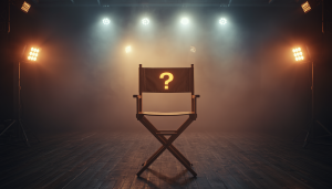 A cinematic director's chair shrouded in dramatic lighting, symbolizing alternate movie casting choices and what could have been.