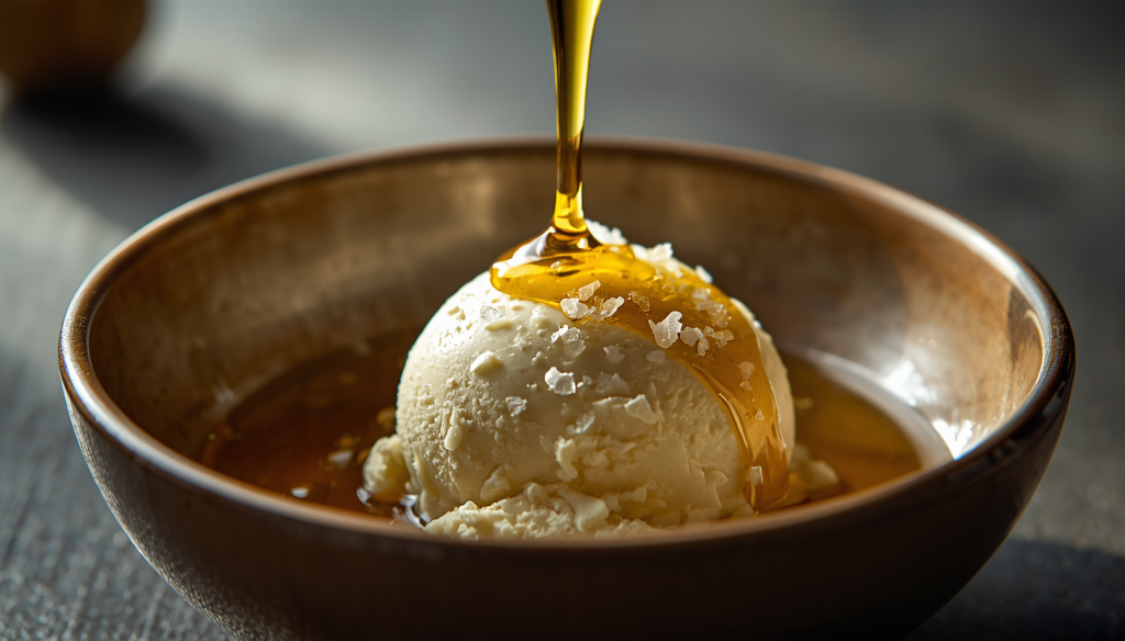 A close-up of a scoop of vanilla ice cream being drizzled with golden olive oil and sprinkled with flaky sea salt, illustrating one of the most unexpected but delicious flavor pairings.
