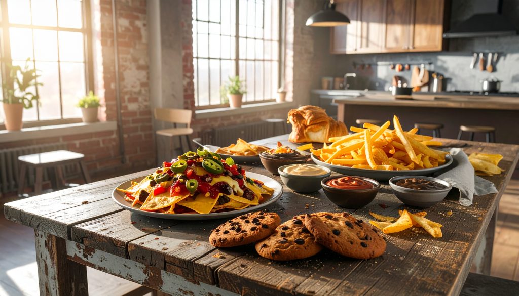 A photorealistic spread of classic comfort foods on a rustic wooden table, featuring loaded nachos with jalapeños, a large plate of french fries, chocolate chip cookies, and various dipping sauces in a sunlit kitchen loft.