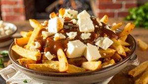 Comforting food photography of a warm bowl of Canadian poutine street food, showcasing thick-cut golden french fries covered in a rich, dark brown savory gravy and topped with large chunks of white cheese curds.