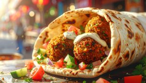 Close-up food photography of an authentic falafel wrap, a popular Middle Eastern street food, featuring crispy golden falafel balls nestled inside warm flatbread, drizzled with creamy tahini sauce and loaded with diced tomatoes, cucumbers, and fresh herbs under warm sunlight.