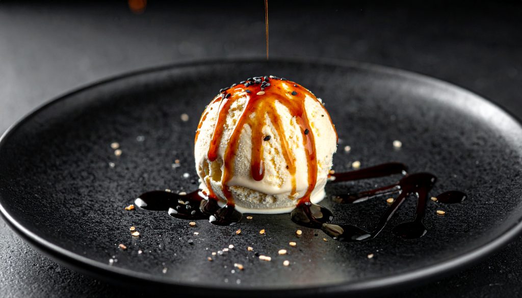 A gourmet scoop of vanilla ice cream on a black plate, drizzled with a rich soy sauce glaze and topped with black sesame seeds, showcasing bold sweet-and-savory flavor pairings.