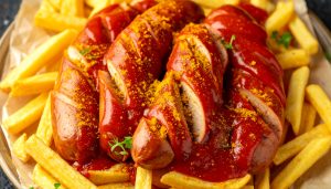 Close-up food photography of traditional German currywurst street food, featuring sliced bratwurst sausages smothered in a rich, red curry ketchup sauce and dusted with yellow curry powder, served over a bed of golden, crispy french fries.