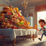 A 3D animated boy rushing out the door with a single piece of toast, ignoring a comically massive mountain of breakfast food on the dining table, illustrating one of the most ridiculous movie tropes.