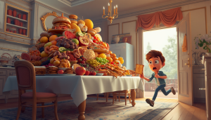 A 3D animated boy rushing out the door with a single piece of toast, ignoring a comically massive mountain of breakfast food on the dining table, illustrating one of the most ridiculous movie tropes.