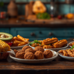 Vibrant food photography of a diverse spread of global street food served on a rustic wooden counter, featuring grilled sweet corn on the cob, crispy falafel balls, golden french fries, and various fried snacks in front of a blurred kitchen background.