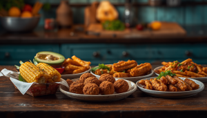 Vibrant food photography of a diverse spread of global street food served on a rustic wooden counter, featuring grilled sweet corn on the cob, crispy falafel balls, golden french fries, and various fried snacks in front of a blurred kitchen background.