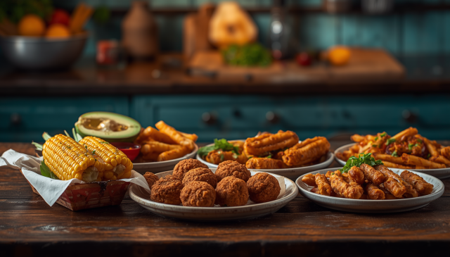 Vibrant food photography of a diverse spread of global street food served on a rustic wooden counter, featuring grilled sweet corn on the cob, crispy falafel balls, golden french fries, and various fried snacks in front of a blurred kitchen background.