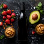 A moody, editorial flatlay on a dark marble countertop featuring fresh strawberries, a dark bottle of balsamic vinegar, an avocado half, and jars of creamy peanut butter, representing unusual flavor pairings.