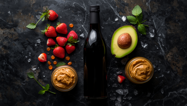 A moody, editorial flatlay on a dark marble countertop featuring fresh strawberries, a dark bottle of balsamic vinegar, an avocado half, and jars of creamy peanut butter, representing unusual flavor pairings.