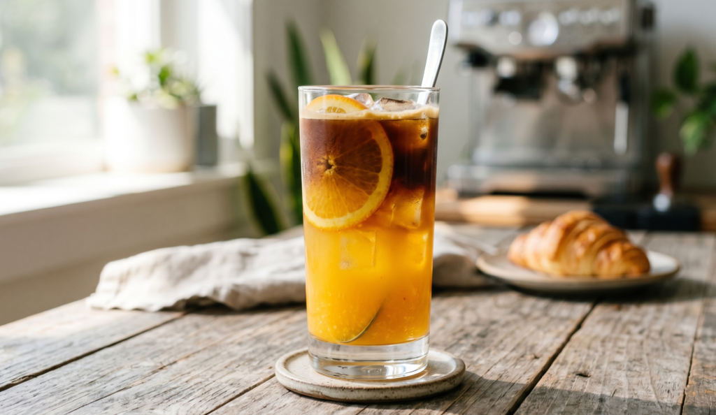 An iced bumble coffee drink in a tall glass, showing layered espresso over orange juice with a fresh orange slice garnish, illustrating trendy and refreshing beverage flavor pairings.