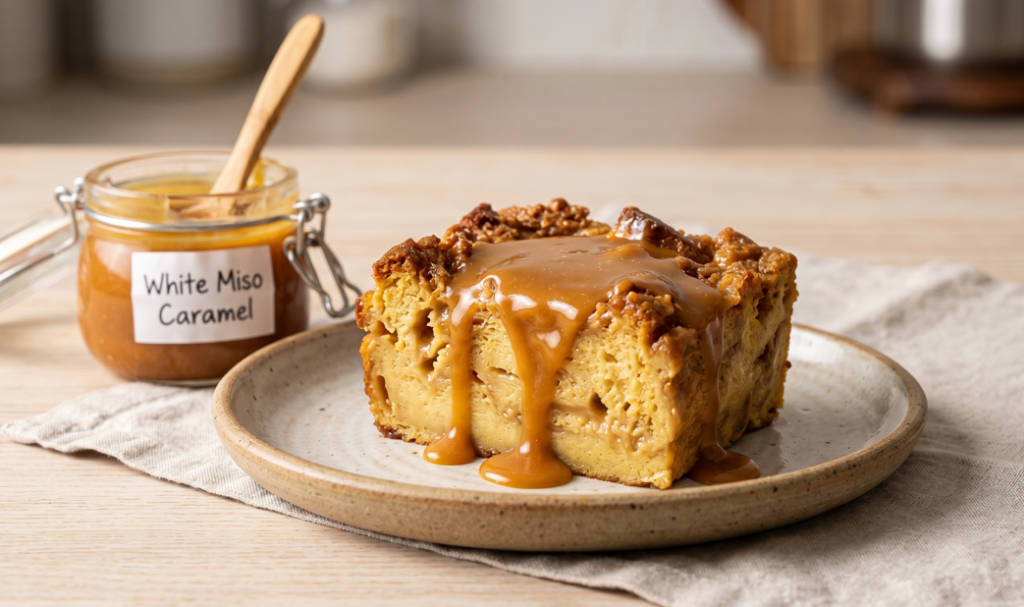A slice of warm bread pudding on a ceramic plate, generously drizzled with a rich sauce next to a jar labeled white miso caramel, showcasing complex umami-sweet flavor pairings.