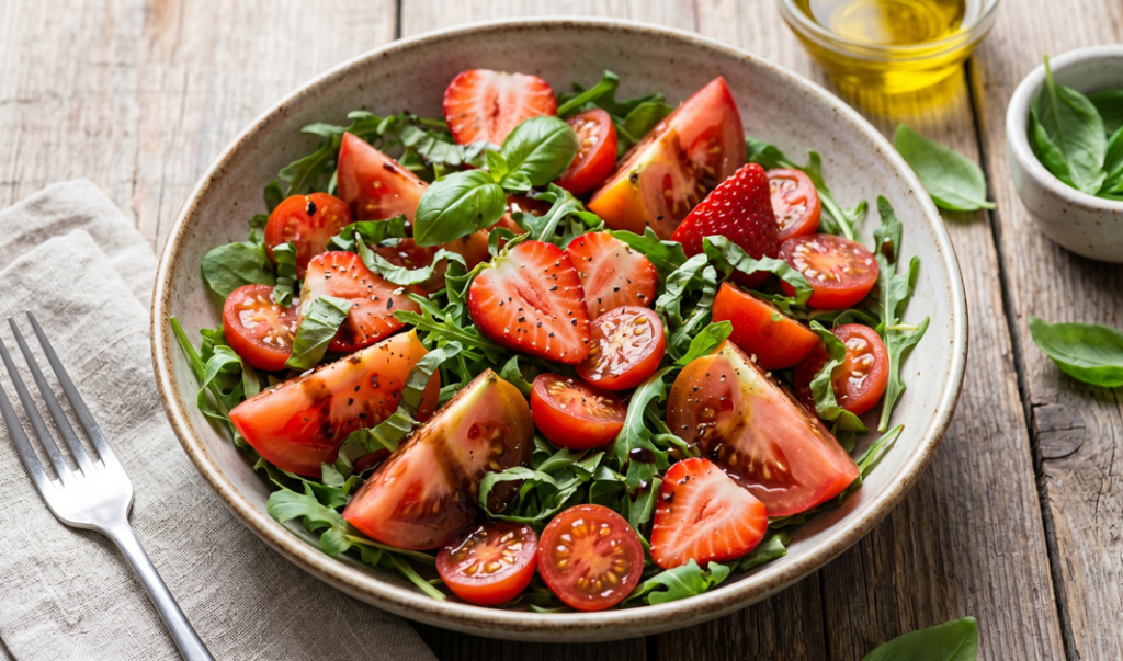 A vibrant summer salad bowl filled with fresh arugula, sliced heirloom tomatoes, and ripe red strawberries, showcasing bright and refreshing fruit-and-vegetable flavor pairings.