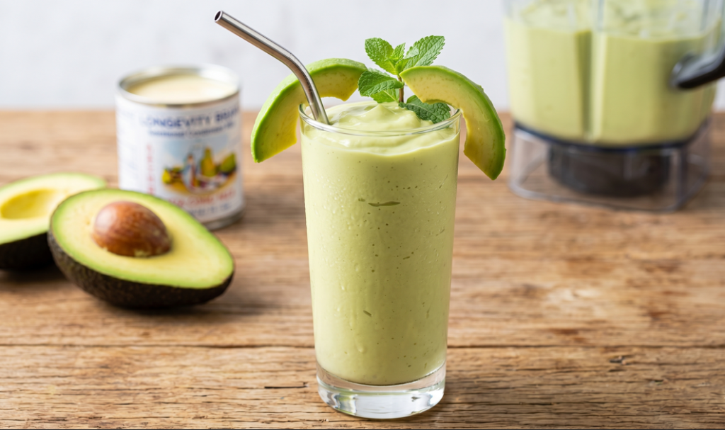A creamy green avocado shake in a tall glass with a metal straw, garnished with avocado slices and fresh mint, highlighting unusual dessert-focused flavor pairings.