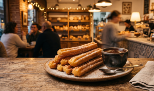 Warm food photography of fresh Spanish churros, a classic European street food, piled on a plate and dusted with cinnamon sugar, served with a small cup of thick hot chocolate sauce on a rustic wooden table inside a cozy café.