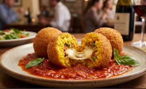 Mouth-watering food photography of Italian arancini street food, featuring perfectly fried risotto balls on a bed of marinara sauce, with one split open to showcase yellow saffron rice, green peas, and a warm, stretchy mozzarella cheese pull.