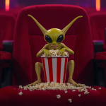 A bizarre, green alien creature toy with large black eyes sitting in a red movie theater seat, holding a red-and-white striped popcorn bucket.
