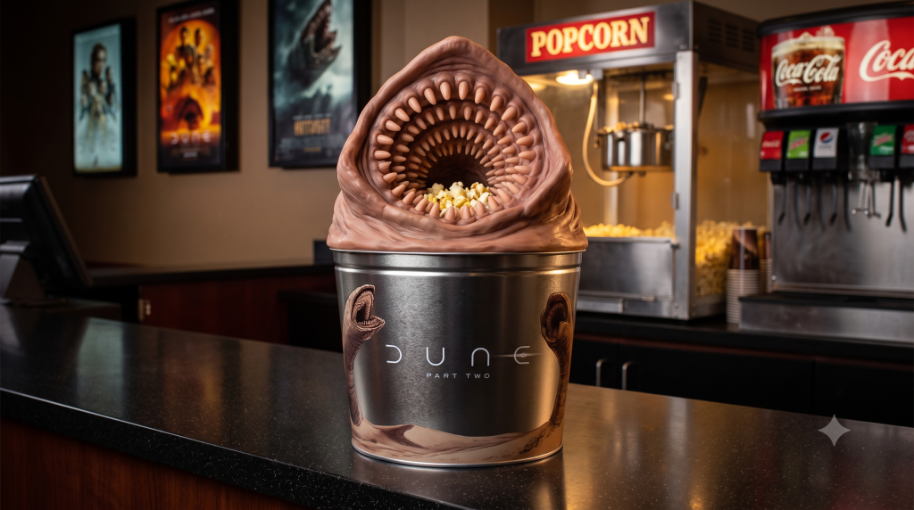 AI-generated representation of the viral 2024 AMC Dune Part Two sandworm popcorn bucket sitting on a movie theater counter.