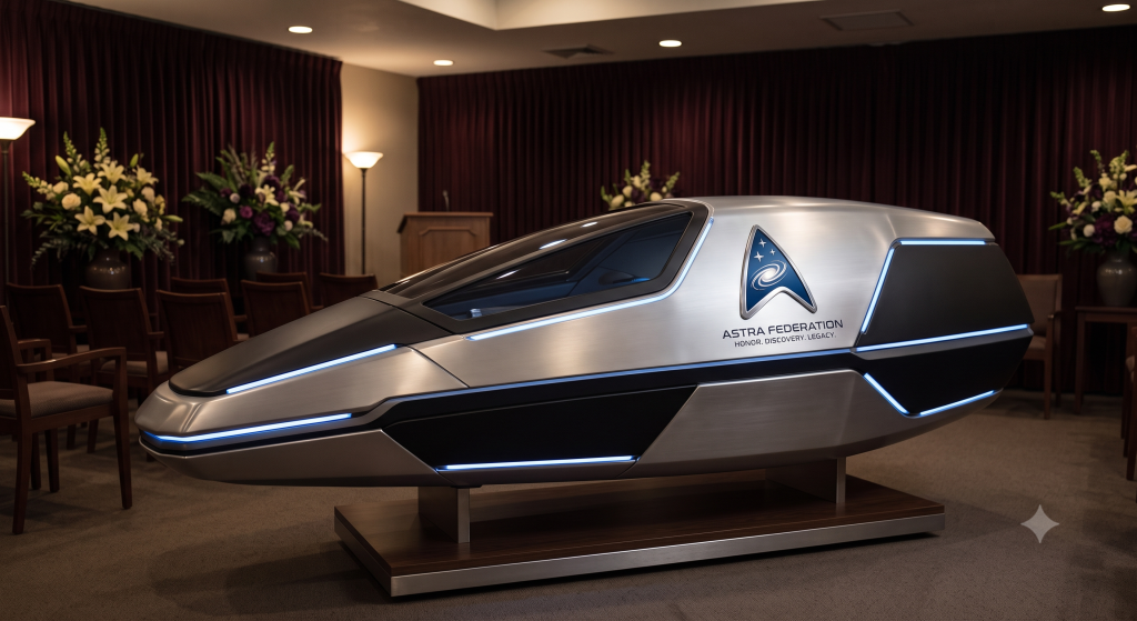 AI representation of the officially licensed 2007 Star Trek photon torpedo casket designed for Trekkie funerals.